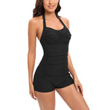 Emoswim - Retro Bathing Suit Halter Swimwear Shorts Boyleg-Black
