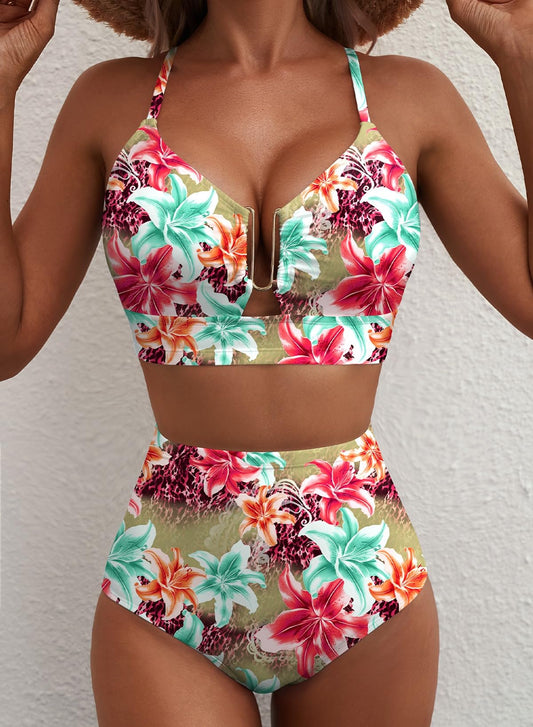 Emoswim - 2026 Summer Two Piece Bikini Set U-Wire Cutout High Waisted Swimsuit-Green Pink Lily