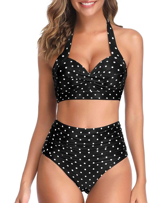 KaKaswim - Adjustable Self-Tie Halter Neck Vintage High Waisted Bikini-Black Dot