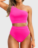 Emoswim - One Shoulder High Waisted Bikini Sets Two Piece Swimsuit Tummy Control-Pink