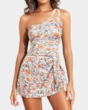 Emoswim - One-Shoulder Badekleid für Damen Bauchweg Badeanzug mit Rock - Orange Floral