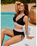 Emoswim - High Waisted Tummy Control Color Block Bikini Sets-Black