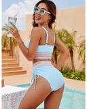 Emoswim - High Waisted Tummy Control Color Block Bikini Sets-Sky Blue