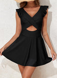 Emoswim - Women's One Piece Swimsuit Ruffle Cutout Swimdress Tummy Control V Neck Wrap Swimwear-Black