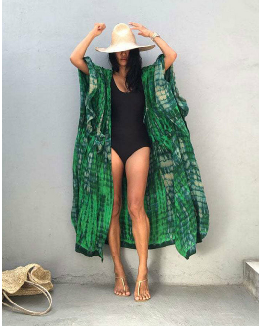 Emoswim - Green Hooded Printed Beach Vacation Swimsuit Cover Up-Green