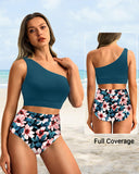 Emoswim - One-Shoulder High Waist Bikini-Sets Zweiteiliger Badeanzug Bauchweg - Petrol Blume
