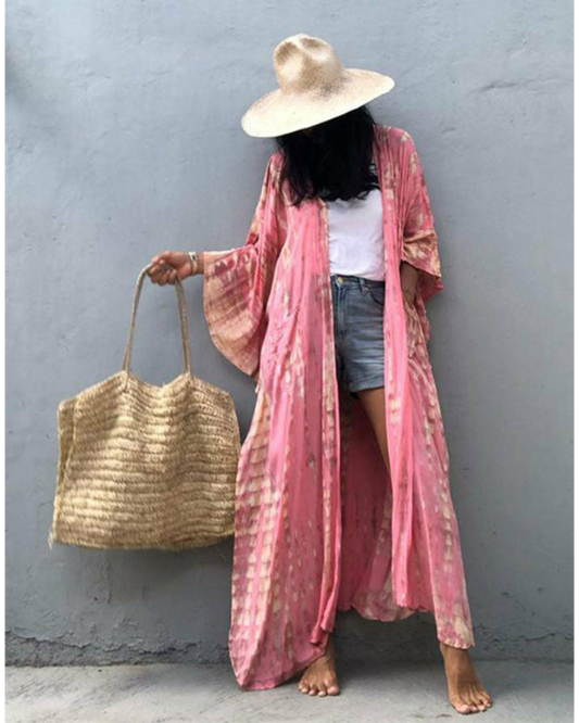 Emoswim - Green Hooded Printed Beach Vacation Swimsuit Cover Up-Red