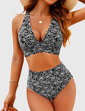 Emoswim - Damen Stickerei-Print High Waist Bikini-Sets V-Ausschnitt Bauchweg Bademode Zweiteilige Curvy Badeanzüge