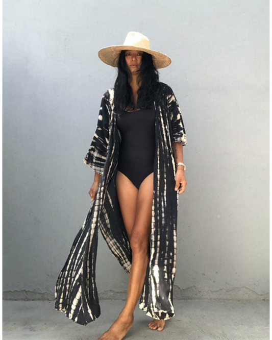 Emoswim - Green Hooded Printed Beach Vacation Swimsuit Cover Up-Black