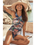 Emoswim - Ruched Front Leaf Print One Piece Swimsuit-Tropical Palm