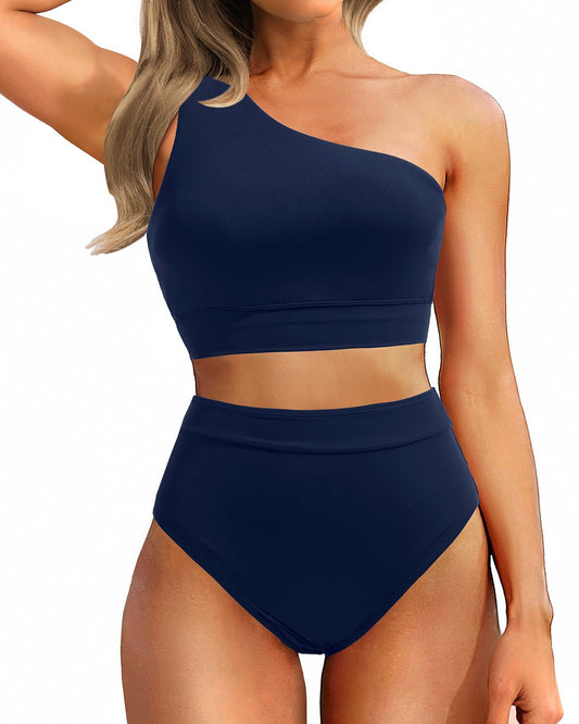 Emoswim - One Shoulder High Waisted Bikini Sets Two Piece Swimsuit Tummy Control-Navy Blue