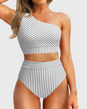 Emoswim - One Shoulder High Waisted Bikini Sets Two Piece Swimsuit Tummy Control-Black Stripes