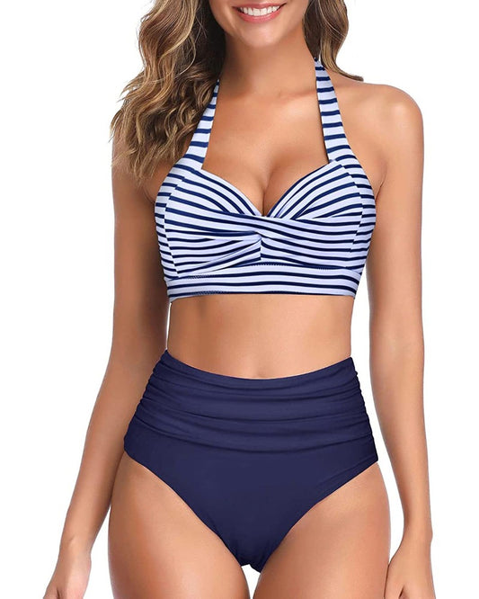 Emoswim - Two Piece Halter Ruched Highwaist Bikini Bathing Suit-Blue White Stripe