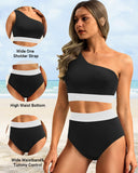Emoswim - One-Shoulder High Waist Bikini-Sets Zweiteiliger Badeanzug Bauchweg - Schwarz Weiß