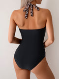 Emoswim - Damen Badeanzug Leoparden-Spleiß Neckholder V-Ausschnitt Sexy Bauchweg Push-Up Bademode Rückenbindung