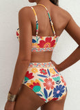 Emoswim - Damen High Waist Bikini-Sets One-Shoulder Floral Print Badeanzüge 2-teilig Bauchweg Bademode