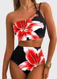 Emoswim - Damen High Waist Bikini-Sets One-Shoulder Floral Print Badeanzüge 2-teilig Bauchweg Bademode