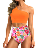 Emoswim - One-Shoulder High Waist Bikini-Sets Zweiteiliger Badeanzug Bauchweg - Orange Floral