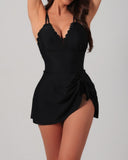 Emoswim - Womens One Piece Swimsuit Tummy Control Bathing Suit Scalloped Modest Tie Knot 2026 Swim Dress-Black