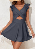 Emoswim - Women's One Piece Swimsuit Ruffle Cutout Swimdress Tummy Control V Neck Wrap Swimwear-Grey