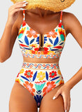 Emoswim - Sommer Zweiteiliges Bikini-Set U-Bügel Cut-Out High Waist Badeanzug - Orange Floral