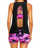 Emoswim - Damen 3-teiliger Scoop-Ausschnitt Criss-Cross Tankini Badeanzug - Schwarz Pinke Palme
