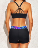 Emoswim - Damen 3-teiliger Scoop-Ausschnitt Criss-Cross Tankini Badeanzug - Blau Lila Blätter