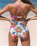 Emoswim - Strand Floral Colorblock Print Tief ausgeschnittener schlankmachender Bauchweg Badeanzug