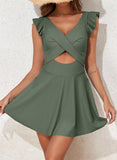 Emoswim - Women's One Piece Swimsuit Ruffle Cutout Swimdress Tummy Control V Neck Wrap Swimwear-Teal