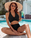 Emoswim - Tummy Control Bathing Suits Modest High Waisted Bikini Sets-Black