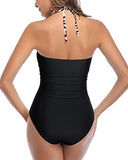 Emoswim - Slimming High Waisted Halter Front Tie Knot One Piece Cutout Swimsuits-Black And Leopard