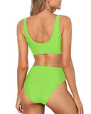 Emoswim - High Leg Cut Swimsuit Crop Top Two Piece Scoop Neck Bikini For Women-Neon Green