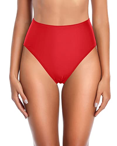 Emoswim - High Waisted Bikini Bottoms Tummy Control Swim Bottoms-Red