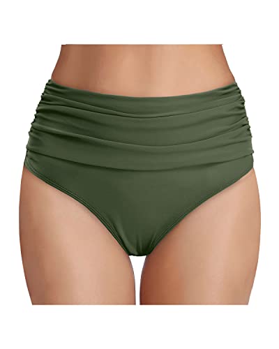 Emoswim - High Waisted Ruched Swim Shorts Tummy Control Bikini Bottom-Army Green