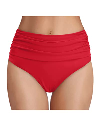 Emoswim - High Waisted Ruched Tummy Control Bikini Bottom For Women-Red