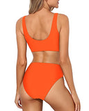 Emoswim - Two Piece Scoop Neck Bikini High Waisted Bottoms For Long Torso-Neon Orange