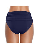 Emoswim - Women's Tummy Control High Waisted Ruched Swim Shorts Bikini Bottom-Navy Blue