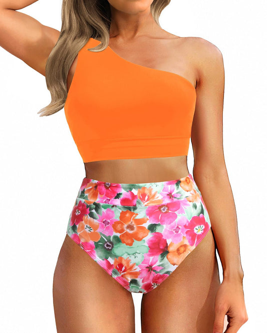 Emoswim - One Shoulder High Waisted Bikini Sets Two Piece Swimsuit Tummy Control-Orange Floral