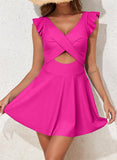 Emoswim - Damen Badeanzug Rüschen Cut-Out Badekleid Bauchweg V-Ausschnitt Wickel-Bademode
