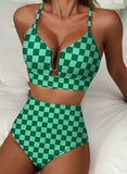 Emoswim - Sommer Zweiteiliges Bikini-Set U-Bügel Cut-Out High Waist Badeanzug - Grün Kariert