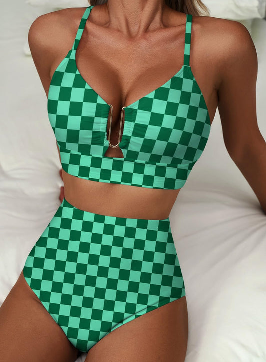 Emoswim - 2026 Summer Two Piece Bikini Set U-Wire Cutout High Waisted Swimsuit-Green Checkered