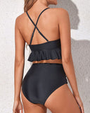 Emoswim - Tummy Control Two Piece Bikini Set Deep V Neckline-Black