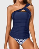 Emoswim - Women's Two Piece Tankini One Shoulder Swim Top Shorts Swimsuits-Navy Blue Tribal