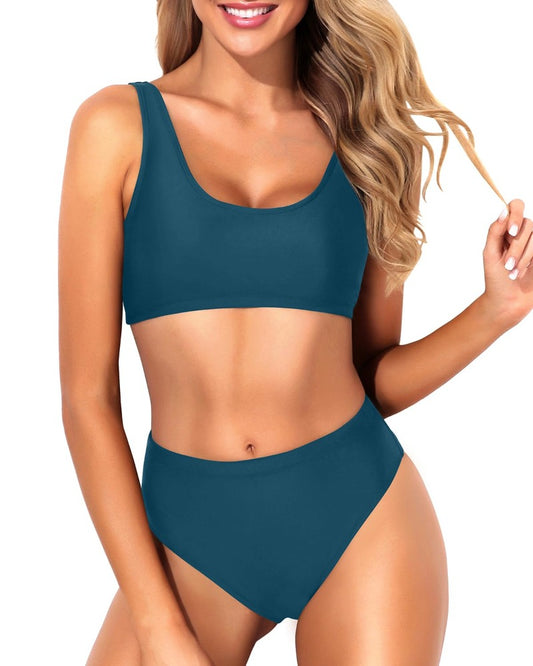 Emoswim - Tummy-Hiding High Waisted Swimsuit Sports Two Piece Bikini For Women-Teal