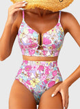 Emoswim - Sommer Zweiteiliges Bikini-Set U-Bügel Cut-Out High Waist Badeanzug - Pink Floral