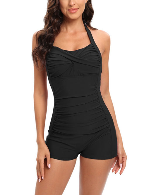 Emoswim - Retro Bathing Suit Halter Swimwear Shorts Boyleg-Black