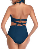 Emoswim - Two Piece Self-Tie Halter Neck Pleated Front Panel Push Up Bikini-Teal