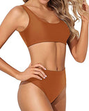 Emoswim - Removable Padded Swimsuit Two Piece Scoop Neck Bikini For Women-Brown