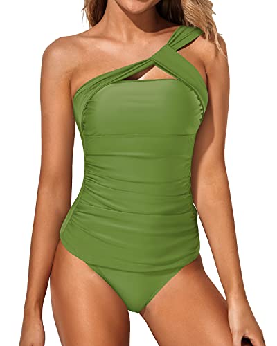 Emoswim - Women's 2 Piece Asymmetrical Tankini One Shoulder Top & Shorts-Light Yellow Green