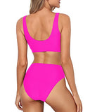 Emoswim - Cheeky High Waisted Bathing Suit Crop Top High Cut Swimsuit-Neon Pink
